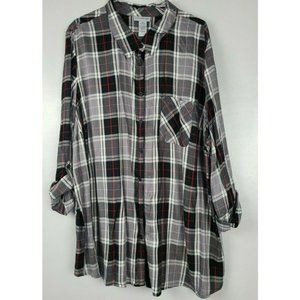 Catherines Plaid Button Up Roll Tab Sleeve Shirt